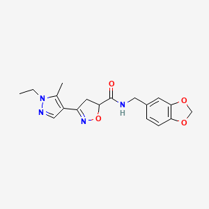 molecular formula C18H20N4O4 B4696925 N-(1,3-benzodioxol-5-ylmethyl)-3-(1-ethyl-5-methyl-1H-pyrazol-4-yl)-4,5-dihydro-5-isoxazolecarboxamide 