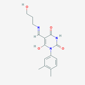molecular formula C16H19N3O4 B469695 1-(3,4-dimethylphenyl)-5-{[(3-hydroxypropyl)amino]methylene}-2,4,6(1H,3H,5H)-pyrimidinetrione CAS No. 353499-89-5