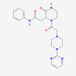molecular formula C22H27N7O3 B4697062 2-(3-oxo-1-{[4-(2-pyrimidinyl)-1-piperazinyl]acetyl}-2-piperazinyl)-N-phenylacetamide 