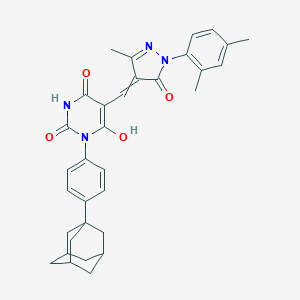 molecular formula C33H34N4O4 B469718 3-[4-(1-adamantyl)phenyl]-5-{[1-(2,4-dimethylphenyl)-3-methyl-5-oxo-1,5-dihydro-4H-pyrazol-4-ylidene]methyl}-6-hydroxy-2,4(1H,3H)-pyrimidinedione 