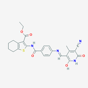 molecular formula C26H24N4O5S B469746 ethyl 2-{[4-({[5-cyano-4-methyl-2,6-dioxo-1,6-dihydro-3(2H)-pyridinylidene]methyl}amino)benzoyl]amino}-4,5,6,7-tetrahydro-1-benzothiophene-3-carboxylate 