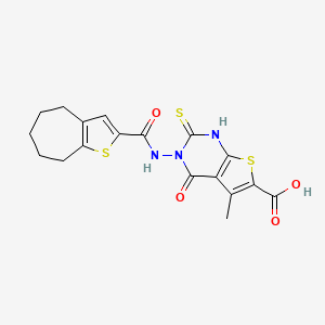 molecular formula C18H17N3O4S3 B4697675 2-mercapto-5-methyl-4-oxo-3-[(5,6,7,8-tetrahydro-4H-cyclohepta[b]thien-2-ylcarbonyl)amino]-3,4-dihydrothieno[2,3-d]pyrimidine-6-carboxylic acid 