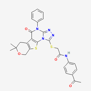 molecular formula C28H25N5O4S2 B4697695 N-(4-acetylphenyl)-2-[(7,7-dimethyl-5-oxo-4-phenyl-4,5,6,9-tetrahydro-7H-pyrano[4',3':4,5]thieno[3,2-e][1,2,4]triazolo[4,3-a]pyrimidin-1-yl)thio]acetamide 