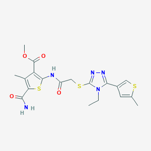 molecular formula C19H21N5O4S3 B4697739 methyl 5-(aminocarbonyl)-2-[({[4-ethyl-5-(5-methyl-3-thienyl)-4H-1,2,4-triazol-3-yl]thio}acetyl)amino]-4-methyl-3-thiophenecarboxylate 