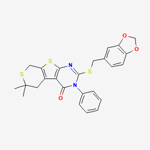 molecular formula C25H22N2O3S3 B4698191 2-[(1,3-benzodioxol-5-ylmethyl)thio]-6,6-dimethyl-3-phenyl-3,5,6,8-tetrahydro-4H-thiopyrano[4',3':4,5]thieno[2,3-d]pyrimidin-4-one 