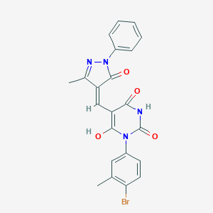 molecular formula C22H17BrN4O4 B469851 3-(4-bromo-3-methylphenyl)-6-hydroxy-5-[(3-methyl-5-oxo-1-phenyl-1,5-dihydro-4H-pyrazol-4-ylidene)methyl]-2,4(1H,3H)-pyrimidinedione 