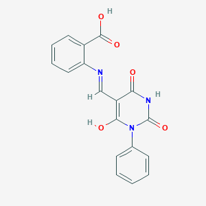 molecular formula C18H13N3O5 B470034 2-{[(2,4,6-trioxo-1-phenyltetrahydro-5(2H)-pyrimidinylidene)methyl]amino}benzoic acid 