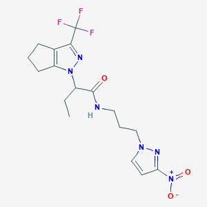 molecular formula C17H21F3N6O3 B4700976 N-[3-(3-nitro-1H-pyrazol-1-yl)propyl]-2-[3-(trifluoromethyl)-5,6-dihydrocyclopenta[c]pyrazol-1(4H)-yl]butanamide 