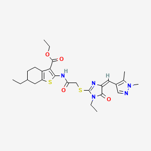 molecular formula C26H33N5O4S2 B4701489 ethyl 2-{[({4-[(1,5-dimethyl-1H-pyrazol-4-yl)methylene]-1-ethyl-5-oxo-4,5-dihydro-1H-imidazol-2-yl}thio)acetyl]amino}-6-ethyl-4,5,6,7-tetrahydro-1-benzothiophene-3-carboxylate 