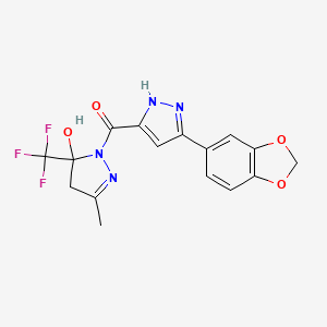 molecular formula C16H13F3N4O4 B4701766 1-{[5-(1,3-benzodioxol-5-yl)-1H-pyrazol-3-yl]carbonyl}-3-methyl-5-(trifluoromethyl)-4,5-dihydro-1H-pyrazol-5-ol 