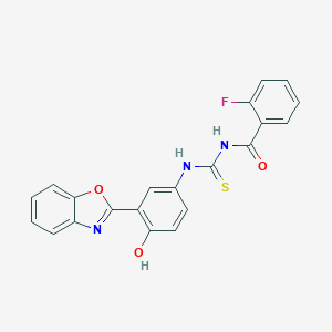 molecular formula C21H14FN3O3S B470183 N-{[3-(1,3-benzoxazol-2-yl)-4-hydroxyphenyl]carbamothioyl}-2-fluorobenzamide 