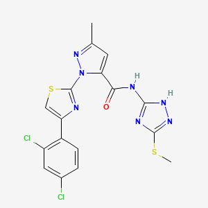 molecular formula C17H13Cl2N7OS2 B4702776 1-[4-(2,4-dichlorophenyl)-1,3-thiazol-2-yl]-3-methyl-N-[5-(methylthio)-1H-1,2,4-triazol-3-yl]-1H-pyrazole-5-carboxamide 