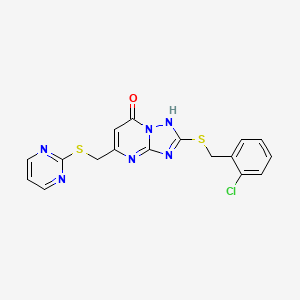 molecular formula C17H13ClN6OS2 B4702812 2-[(2-chlorobenzyl)thio]-5-[(2-pyrimidinylthio)methyl][1,2,4]triazolo[1,5-a]pyrimidin-7(4H)-one 