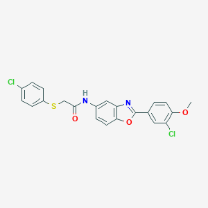 molecular formula C22H16Cl2N2O3S B470295 N-[2-(3-chloro-4-methoxyphenyl)-1,3-benzoxazol-5-yl]-2-[(4-chlorophenyl)sulfanyl]acetamide CAS No. 445416-05-7