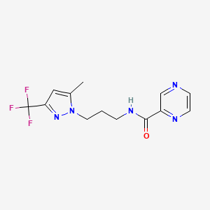 molecular formula C13H14F3N5O B4703080 N-{3-[5-methyl-3-(trifluoromethyl)-1H-pyrazol-1-yl]propyl}-2-pyrazinecarboxamide 