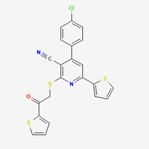 molecular formula C22H13ClN2OS3 B4705298 4-(4-Chlorophenyl)-2-{[2-oxo-2-(thiophen-2-yl)ethyl]sulfanyl}-6-(thiophen-2-yl)pyridine-3-carbonitrile 