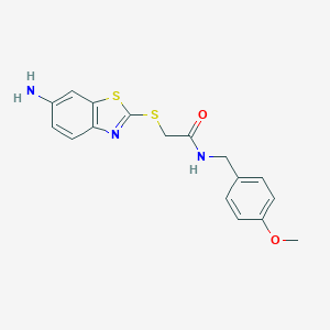 molecular formula C17H17N3O2S2 B470683 2-[(6-amino-1,3-benzothiazol-2-yl)sulfanyl]-N-(4-methoxybenzyl)acetamide CAS No. 532422-39-2