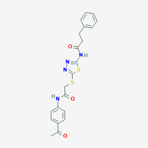 molecular formula C21H20N4O3S2 B470690 N-[5-[2-(4-acetylanilino)-2-oxoethyl]sulfanyl-1,3,4-thiadiazol-2-yl]-3-phenylpropanamide CAS No. 535954-85-9