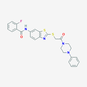 molecular formula C26H23FN4O2S2 B470695 2-fluoro-N-(2-{[2-oxo-2-(4-phenyl-1-piperazinyl)ethyl]sulfanyl}-1,3-benzothiazol-6-yl)benzamide CAS No. 532953-82-5