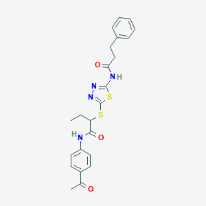 molecular formula C23H24N4O3S2 B470696 N-(4-acetylphenyl)-2-[[5-(3-phenylpropanoylamino)-1,3,4-thiadiazol-2-yl]sulfanyl]butanamide CAS No. 532948-11-1