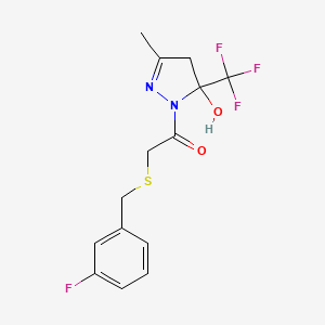 molecular formula C14H14F4N2O2S B4709223 1-{[(3-fluorobenzyl)thio]acetyl}-3-methyl-5-(trifluoromethyl)-4,5-dihydro-1H-pyrazol-5-ol 