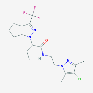 molecular formula C18H23ClF3N5O B4709375 N-[2-(4-chloro-3,5-dimethyl-1H-pyrazol-1-yl)ethyl]-2-[3-(trifluoromethyl)-5,6-dihydrocyclopenta[c]pyrazol-1(4H)-yl]butanamide 