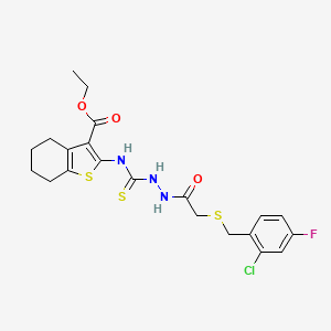 molecular formula C21H23ClFN3O3S3 B4709432 ethyl 2-{[(2-{[(2-chloro-4-fluorobenzyl)thio]acetyl}hydrazino)carbonothioyl]amino}-4,5,6,7-tetrahydro-1-benzothiophene-3-carboxylate 