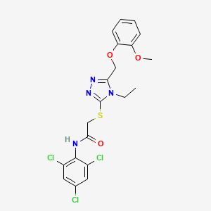 molecular formula C20H19Cl3N4O3S B4709995 2-({4-ethyl-5-[(2-methoxyphenoxy)methyl]-4H-1,2,4-triazol-3-yl}sulfanyl)-N-(2,4,6-trichlorophenyl)acetamide 