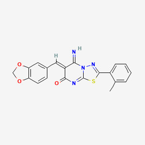 molecular formula C20H14N4O3S B4712507 6-(1,3-benzodioxol-5-ylmethylene)-5-imino-2-(2-methylphenyl)-5,6-dihydro-7H-[1,3,4]thiadiazolo[3,2-a]pyrimidin-7-one 