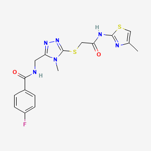 molecular formula C17H17FN6O2S2 B4713005 4-fluoro-N-{[4-methyl-5-({2-[(4-methyl-1,3-thiazol-2-yl)amino]-2-oxoethyl}thio)-4H-1,2,4-triazol-3-yl]methyl}benzamide 