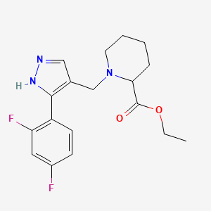 molecular formula C18H21F2N3O2 B4713097 ethyl 1-{[3-(2,4-difluorophenyl)-1H-pyrazol-4-yl]methyl}-2-piperidinecarboxylate 