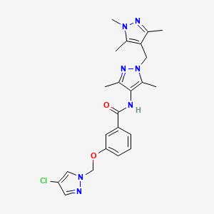 molecular formula C23H26ClN7O2 B4713701 3-[(4-chloro-1H-pyrazol-1-yl)methoxy]-N-{3,5-dimethyl-1-[(1,3,5-trimethyl-1H-pyrazol-4-yl)methyl]-1H-pyrazol-4-yl}benzamide 