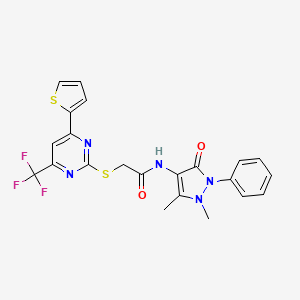 molecular formula C22H18F3N5O2S2 B4714446 N-(1,5-dimethyl-3-oxo-2-phenyl-2,3-dihydro-1H-pyrazol-4-yl)-2-{[4-(2-thienyl)-6-(trifluoromethyl)-2-pyrimidinyl]thio}acetamide 