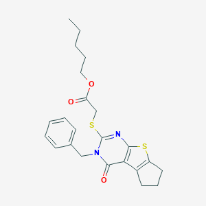 molecular formula C23H26N2O3S2 B471460 pentyl [(3-benzyl-4-oxo-3,5,6,7-tetrahydro-4H-cyclopenta[4,5]thieno[2,3-d]pyrimidin-2-yl)sulfanyl]acetate CAS No. 346727-47-7