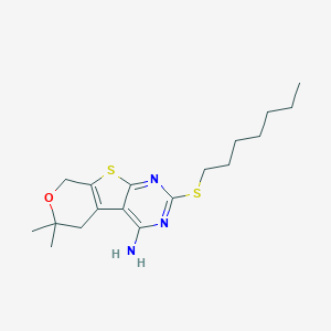 molecular formula C18H27N3OS2 B471502 2-(heptylsulfanyl)-6,6-dimethyl-5,8-dihydro-6H-pyrano[4',3':4,5]thieno[2,3-d]pyrimidin-4-amine CAS No. 353763-01-6