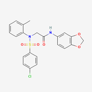 molecular formula C22H19ClN2O5S B4715233 N~1~-1,3-benzodioxol-5-yl-N~2~-[(4-chlorophenyl)sulfonyl]-N~2~-(2-methylphenyl)glycinamide 