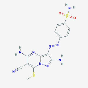 molecular formula C14H13N9O2S2 B471534 4-{[2,5-Diamino-6-cyano-7-(methylsulfanyl)pyrazolo[1,5-a]pyrimidin-3-yl]diazenyl}benzenesulfonamide 