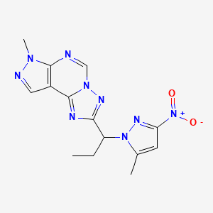 molecular formula C14H15N9O2 B4715563 7-methyl-2-[1-(5-methyl-3-nitro-1H-pyrazol-1-yl)propyl]-7H-pyrazolo[4,3-e][1,2,4]triazolo[1,5-c]pyrimidine 