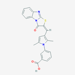 molecular formula C23H17N3O3S B471678 3-{2,5-dimethyl-3-[(E)-(3-oxo[1,3]thiazolo[3,2-a]benzimidazol-2(3H)-ylidene)methyl]-1H-pyrrol-1-yl}benzoic acid 