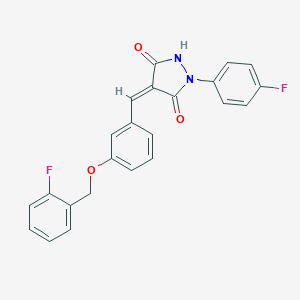 molecular formula C23H16F2N2O3 B471699 4-{3-[(2-Fluorobenzyl)oxy]benzylidene}-1-(4-fluorophenyl)-3,5-pyrazolidinedione CAS No. 353510-25-5
