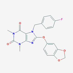 molecular formula C21H17FN4O5 B471723 8-(1,3-benzodioxol-5-yloxy)-7-(4-fluorobenzyl)-1,3-dimethyl-3,7-dihydro-1H-purine-2,6-dione CAS No. 333414-50-9