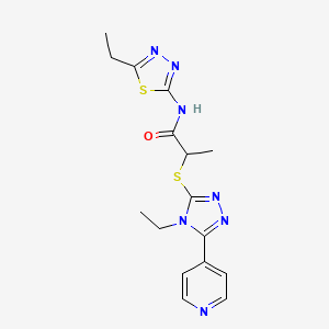molecular formula C16H19N7OS2 B4717336 2-{[4-ethyl-5-(4-pyridinyl)-4H-1,2,4-triazol-3-yl]thio}-N-(5-ethyl-1,3,4-thiadiazol-2-yl)propanamide 