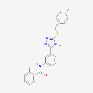 molecular formula C24H21FN4OS B471786 2-fluoro-N-(3-{4-methyl-5-[(4-methylbenzyl)sulfanyl]-4H-1,2,4-triazol-3-yl}phenyl)benzamide CAS No. 445422-43-5