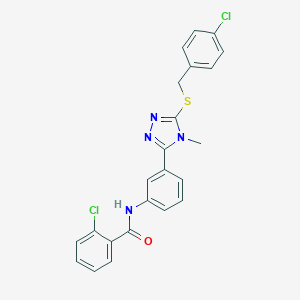 molecular formula C23H18Cl2N4OS B471788 2-chloro-N-(3-{5-[(4-chlorobenzyl)sulfanyl]-4-methyl-4H-1,2,4-triazol-3-yl}phenyl)benzamide CAS No. 428457-92-5