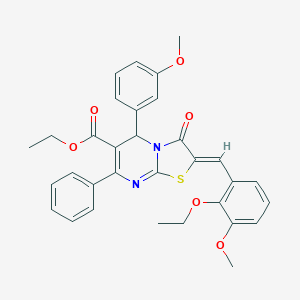 molecular formula C32H30N2O6S B471819 ethyl (2Z)-2-(2-ethoxy-3-methoxybenzylidene)-5-(3-methoxyphenyl)-3-oxo-7-phenyl-2,3-dihydro-5H-[1,3]thiazolo[3,2-a]pyrimidine-6-carboxylate 