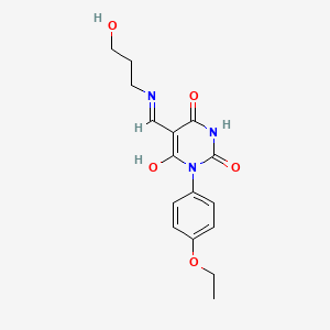 molecular formula C16H19N3O5 B4718678 1-(4-ethoxyphenyl)-5-{[(3-hydroxypropyl)amino]methylene}-2,4,6(1H,3H,5H)-pyrimidinetrione 