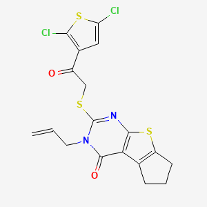 molecular formula C18H14Cl2N2O2S3 B4719377 3-allyl-2-{[2-(2,5-dichloro-3-thienyl)-2-oxoethyl]thio}-3,5,6,7-tetrahydro-4H-cyclopenta[4,5]thieno[2,3-d]pyrimidin-4-one 