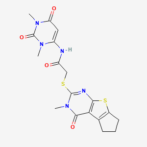 molecular formula C18H19N5O4S2 B4719689 N-(1,3-dimethyl-2,6-dioxo-1,2,3,6-tetrahydro-4-pyrimidinyl)-2-[(3-methyl-4-oxo-3,5,6,7-tetrahydro-4H-cyclopenta[4,5]thieno[2,3-d]pyrimidin-2-yl)thio]acetamide 