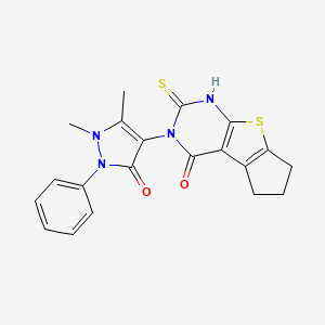 molecular formula C20H18N4O2S2 B4719723 3-(1,5-dimethyl-3-oxo-2-phenyl-2,3-dihydro-1H-pyrazol-4-yl)-2-mercapto-3,5,6,7-tetrahydro-4H-cyclopenta[4,5]thieno[2,3-d]pyrimidin-4-one 