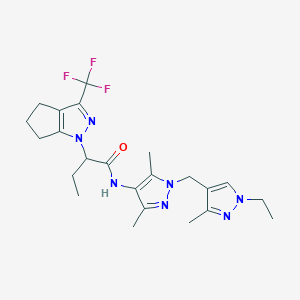 molecular formula C23H30F3N7O B4719924 N-{1-[(1-ethyl-3-methyl-1H-pyrazol-4-yl)methyl]-3,5-dimethyl-1H-pyrazol-4-yl}-2-[3-(trifluoromethyl)-5,6-dihydrocyclopenta[c]pyrazol-1(4H)-yl]butanamide 